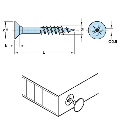 Hospa Pozidrive Countersunk Screws Version: With Central Hole for cap fixing Material: Steel Finish: Galvanised Type of head: Countersunk with central hole Drive: Cross recess PZ Thread: Partially threaded Thread Ø: 4.5 mm Head Ø H: 9.0 mm Head thickness