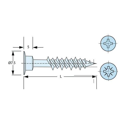 HI-LO Funnel Head Screws | POZI Recess Material: Steel Finish: Galvanised with white coated head Type of head: Funnel Drive: PZ 2 Thread: Ø4.2 mm (HI-LO Thread) Gauge: 8 G Length L: 32 mm Packing: Orga-Box:500 pieces(65 mm Screws come in a box of 200 piec