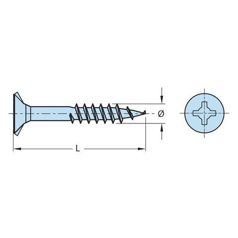 HOSPA Countersunk Screws Material: Steel Finish: Galvanised Type of head: Countersunk, with nibs Drive: PH2 Thread: Partially threaded/deep coarse thread Thread: Ø4.2 mm 8GØ4.8 mm 10G Length L: 70 mm88 mm82 mm Quantity: 70 mm (Ø4.2 mm 8G) Screws come in a