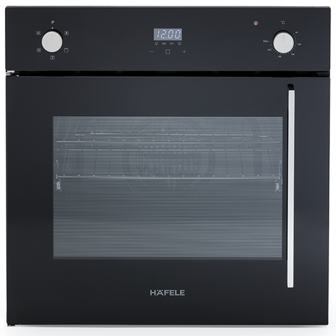 Hafele 60cm 5 Function Side Opening Oven Features: 67 Litre gross cavity63 Litre net cavityTouch control programmable timerTriple glazed cool touch doorSide wire racks: 5 levelsEasy grip knobsInterior lightA set of telescopic runnersLeft hand door hinging