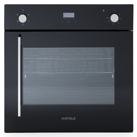 Hafele 60cm 5 Function Side Opening Oven Features: 67 Litre gross cavity63 Litre net cavityTouch control programmable timerTriple glazed cool touch doorSide wire racks: 5 levelsEasy grip knobsInterior lightA set of telescopic runnersLeft hand door hinging