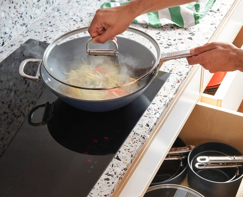 Space Folding Handle Ceramic Non-stick 32cm Blue Wok & Lid
