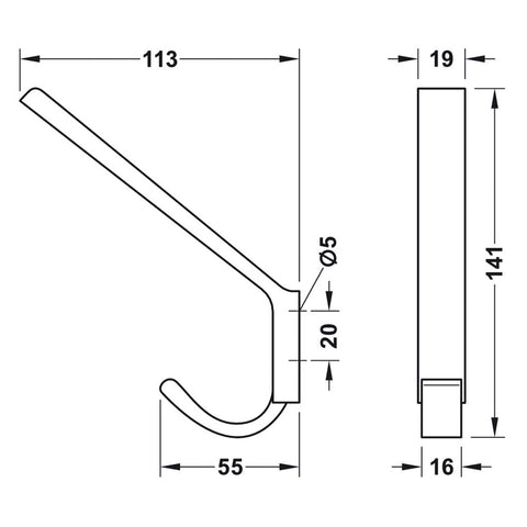 Large Coat Hook | 3 Finishes Material: Zinc Alloy Finish: Chrome PolishedBlack MattGold Coloured Matt Dimensions (W x D x H): 19 x 113 x 141 mm Hole Spacing: 20 mm Hafele