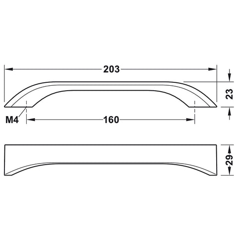 Furniture Handle H1965 Finish: Stainless Steel ColouredBlack Matt Hole centres: 160 mm Dimensions: 203 x 23 mm Note: Please order screws separately:022.35.225: 22mm Screws for use with all Häfele handles where panel thickness is 16 - 18mm022.35.387: 38mm