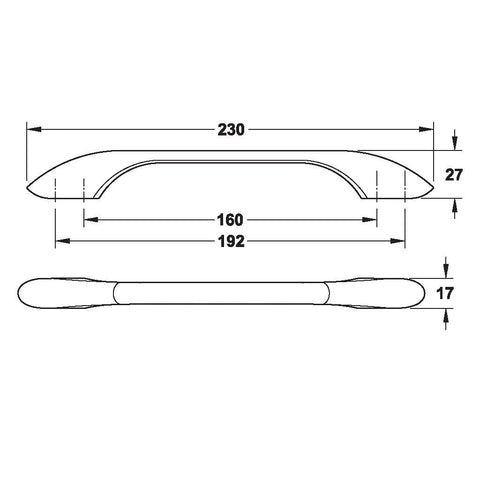 Furniture Handle H1515 Finish: Nickel plated brushedNickel plated black polished Hole centres: 160/192 mm Dimensions: 230 x 27 mm Note: Please order screws separately:022.35.225: 22mm Screws for use with all Häfele handles where panel thickness is 16 - 18