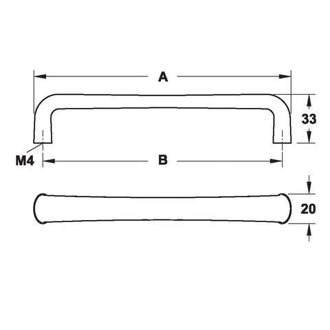 Furniture Handle H1525 Material: Zinc-alloy Finish: Chrome plated polished Hole centres: 160 mm Dimension: 172 x 33 mm332 x 33 mm Note: Please order screws separately:022.35.225: 22mm Screws for use with all Häfele handles where panel thickness is 16 - 18