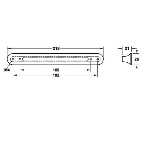 Furniture Handle H1520 Finish: Titanium colouredLead colouredWhite mattCopper plated antique Hole centres: 160/192 mm Dimensions: 218 x 21 mm Note: Please order screws separately:022.35.225: 22mm Screws for use with all Häfele handles where panel thicknes