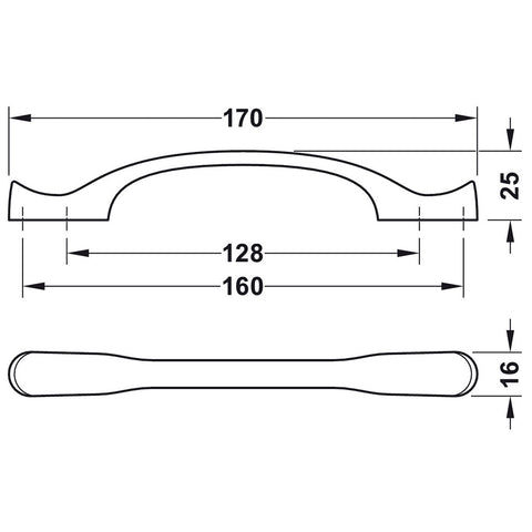 Furniture Handle H1970 Finish: Iron ColouredAntique TinAntique Brass Hole centres: 128/160 mm Dimensions: 170 x 25 mm Note: Please order screws separately:022.35.225: 22mm Screws for use with all Häfele handles where panel thickness is 16 - 18mm022.35.387