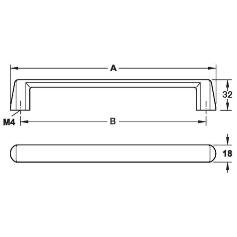 Furniture Handle H1390 Finish: Chrome plated polishedNickel plated brushed Hole centres: 128 mm192 mm Dimensions: 148 x 32 mm212 x 32 mm Note: Please order screws separately:022.35.225: 22mm Screws for use with all Häfele handles where panel thickness is