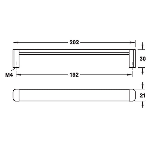 Furniture Handle H1365 Finish: White, Nickel plated brushedBlack, Nickel plated brushed Hole centres: 192 mm Dimensions: 202 x 30 mm Note: Please order screws separately:022.35.225: 22mm Screws for use with all Häfele handles where panel thickness is 16 -