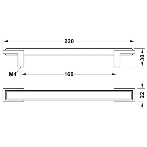 Furniture Handle H1930 Material: Zinc alloy Finish: Antique Brass ColouredOil Rubbed Bronze ColouredBlack Matt Hole centres: 160 mm Dimensions: 220 x 30 mm Note: Please order screws separately:022.35.225: 22mm Screws for use with all Häfele handles where