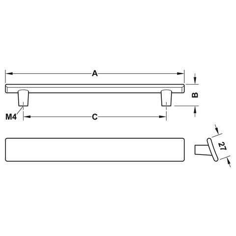 Furniture Handle H1975 Material: Zinc alloy Finish: Black MattBlack Nickel BrushedNickel Brushed Hole centres: 160 mm32 mm Dimensions: 200 x 23 mm52 x 23 mm Note: Please order screws separately:022.35.225: 22mm Screws for use with all Häfele handles where
