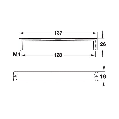 Furniture Handle Urban Finish: Chrome plated matt Hole centres: 128 mm Dimensions: 137 x 26 mm Note: Please order screws separately:022.35.225: 22mm Screws for use with all Häfele handles where panel thickness is 16 - 18mm022.35.387: 38mm Screws for use w