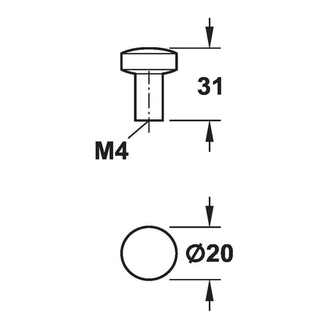 Furniture Handle H1340 Material: Zinc-alloy Finish: Chrome plated polishedNickel plated brushedWhite mattBlack mattIron coloured used look Diameter: 20 mm Height: 31 mm Note: Please order screws separately:022.35.225: 22mm Screws for use with all Häfele h