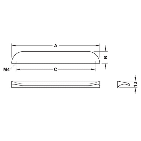 Luxe Furniture Handle | 4 Finishes | 2 Sizes Material: Zinc Alloy Finish: Chrome-plated, polishedNickel-plated, polishedCopper coloured, brushedBrass coloured, brushed Hole Centres: 32 mm160 mm Dimensions: 50 x 24 mm178 x 24 mm Note: Please order screws s