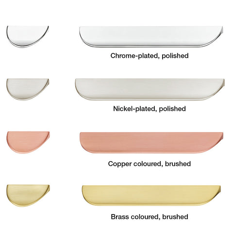 Luxe Furniture Handle | 4 Finishes | 2 Sizes Material: Zinc Alloy Finish: Chrome-plated, polishedNickel-plated, polishedCopper coloured, brushedBrass coloured, brushed Hole Centres: 32 mm160 mm Dimensions: 50 x 24 mm178 x 24 mm Note: Please order screws s