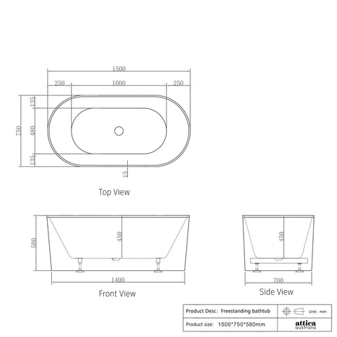 NOOSA Freestanding 1700/1500mm Non-Overflow Bathtub