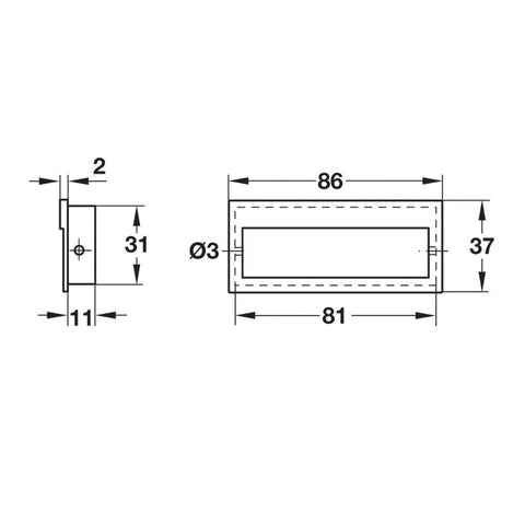 Flush Handle Studio Finish: Outer: Nickel plated mattInner: Black matt Dimensions: 86 x 37 mm Note: Please order screws separately:022.35.225: 22mm Screws for use with all Häfele handles where panel thickness is 16 - 18mm022.35.387: 38mm Screws for use wi