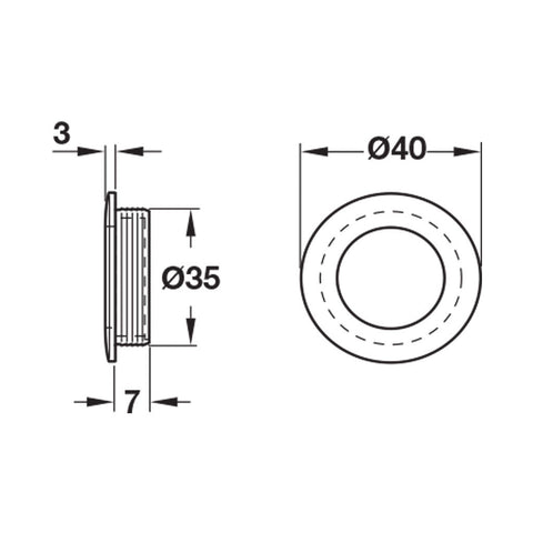 Flush Handle Studio Finish: Silver coloured anodised Mounting: For glue fixing Dimensions: Ø40 x 10 mm Note: Please order screws separately:022.35.225: 22mm Screws for use with all Häfele handles where panel thickness is 16 - 18mm022.35.387: 38mm Screws f