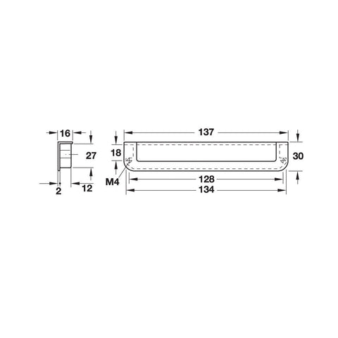 Flush Handle Luxe Finish: Nickel plated matt Hole centres: 128 mm Dimensions: 137 x 30 mm Note: Please order screws separately:022.35.225: 22mm Screws for use with all Häfele handles where panel thickness is 16 - 18mm022.35.387: 38mm Screws for use with a