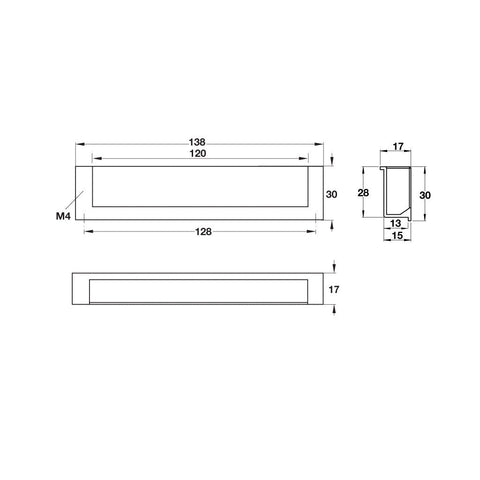 Flush Handle Studio Finish: Silver coloured matt Hole centres: 128 mm Dimensions: 138 x 30 mm Note: Please order screws separately:022.35.225: 22mm Screws for use with all Häfele handles where panel thickness is 16 - 18mm022.35.387: 38mm Screws for use wi