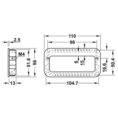 Flush Handle Urban Finish: Chrome plated mattNickel plated matt Hole centres: 96 mm Dimensions: 110 x 56 mm Note: Please order screws separately:022.35.225: 22mm Screws for use with all Häfele handles where panel thickness is 16 - 18mm022.35.387: 38mm Scr