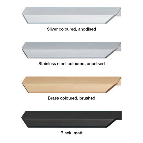 Studio Furniture Handle | 4 Finishes Material: Aluminium Finish: Silver coloured, anodisedStainless steel coloured, anodisedBrass coloured, brushedBlack, matt Hole Centres: 64 mm128 mm256 mm Dimensions: 100 x 44 mm200 x 44 mm350 x 44 mm Note: Please order