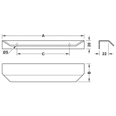 Studio Furniture Handle | 4 Finishes Material: Aluminium Finish: Silver coloured, anodisedStainless steel coloured, anodisedBrass coloured, brushedBlack, matt Hole Centres: 64 mm128 mm256 mm Dimensions: 100 x 44 mm200 x 44 mm350 x 44 mm Note: Please order