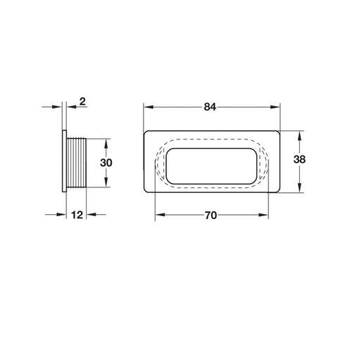 Flush Handle Studio Finish: Outer: Silver coloured mattInside: Black Mounting: For glue fixing Dimensions: 84 x 38 mm Note: Please order screws separately:022.35.225: 22mm Screws for use with all Häfele handles where panel thickness is 16 - 18mm022.35.387