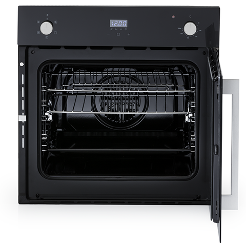 Hafele 60cm 5 Function Side Opening Oven Features: 67 Litre gross cavity63 Litre net cavityTouch control programmable timerTriple glazed cool touch doorSide wire racks: 5 levelsEasy grip knobsInterior lightA set of telescopic runnersLeft hand door hinging