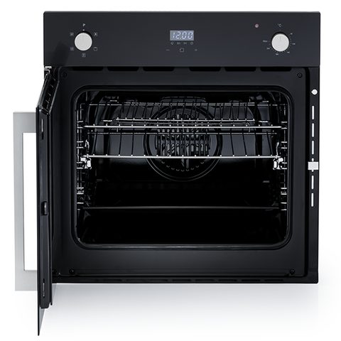 Hafele 60cm 5 Function Side Opening Oven Features: 67 Litre gross cavity63 Litre net cavityTouch control programmable timerTriple glazed cool touch doorSide wire racks: 5 levelsEasy grip knobsInterior lightA set of telescopic runnersLeft hand door hinging