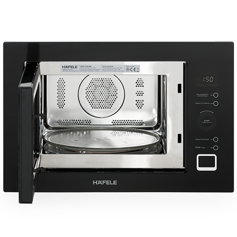 Hafele 25L Integrated Convention Microwave Touch Control Features: 25 Litre capacityFrameless black glassWhite LED display with touch controlsDefrost by weight and timeStainless steel cavity10 Pre-set food typesChild lockTimer900W Microwave power1100W Gri