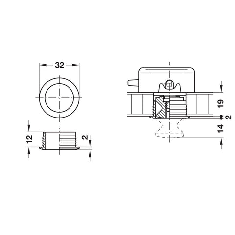 Rosette for 19 mm Panels Area of application: For push-lock espagnolette locks or rim locks Material: Plastic Finish/Colour: Matt nickel plated Panel thickness: 19 mm Installation: For press fitting Hafele