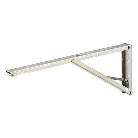 Folding Bracket - 30kg capacity per pair Material: Steel Version: With locking mechanism and spring loaded support Finish: Yellow chromatised Capacity: 15 kg per piece (30 kg per pair) Function: Press integral release button to fold down Packing: 1 piece