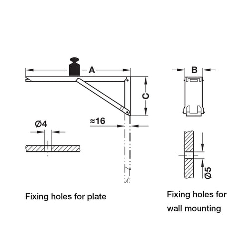 Folding Bracket - 30kg capacity per pair Material: Steel Version: With locking mechanism and spring loaded support Finish: Yellow chromatised Capacity: 15 kg per piece (30 kg per pair) Function: Press integral release button to fold down Packing: 1 piece