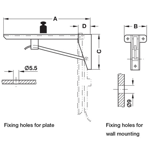 Folding Bracket - Hebgo - 150 kg Load Bearing Capacity Material: Steel Version: With locking mechanism Finish: Grey Primed Capacity: 75 kg per piece (150 kg per pair) Function: To raise bracket lift support arm and allow to engage automaticallyTo fold dow