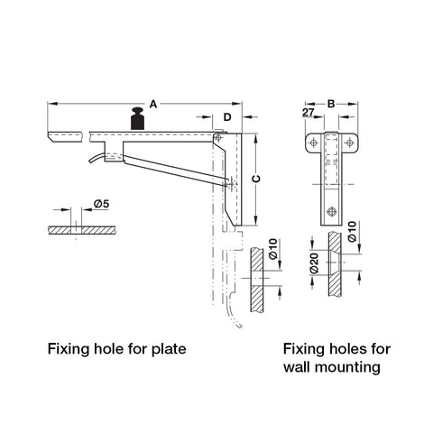 Folding Bracket - Hebgo Material: Steel Version: With locking mechanism Finish: Grey primed Capacity: 250 kg per piece (500 kg per pair) Function: To raise bracket lift support arm and allow to engage automaticallyTo fold down lift the support arm and rel