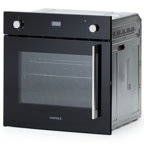 Hafele 60cm 5 Function Side Opening Oven Features: 67 Litre gross cavity63 Litre net cavityTouch control programmable timerTriple glazed cool touch doorSide wire racks: 5 levelsEasy grip knobsInterior lightA set of telescopic runnersLeft hand door hinging