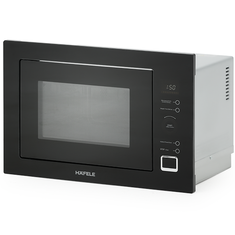 Hafele 25L Integrated Convention Microwave Touch Control Features: 25 Litre capacityFrameless black glassWhite LED display with touch controlsDefrost by weight and timeStainless steel cavity10 Pre-set food typesChild lockTimer900W Microwave power1100W Gri