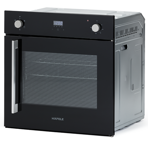 Hafele 60cm 5 Function Side Opening Oven Features: 67 Litre gross cavity63 Litre net cavityTouch control programmable timerTriple glazed cool touch doorSide wire racks: 5 levelsEasy grip knobsInterior lightA set of telescopic runnersLeft hand door hinging