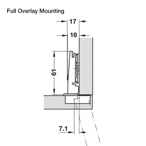 Hafele 110º Series 200 Hinges Version: For door thickness up to 26 mm Material: Steel Finish: Nickel-plated Min. Drilling depth: 11 mm Adjusting facility: Lateral adjustment from -1.5 to +4.5 mmHeight adjustment from -2 to +2 mm Fixing door to carcase: Sl