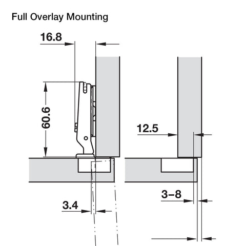 Hafele 94º Mini Series 400 Hinges Version: For narrow frames Material: Steel (cup)Zinc-alloy (hinge arm) Finish: Nickel-plated Min. Drilling depth: 11.5 mm Adjusting facility: Lateral adjustment from -1.5 to +5.5 mmHeight adjustment from -2 to +2 mm Fixin