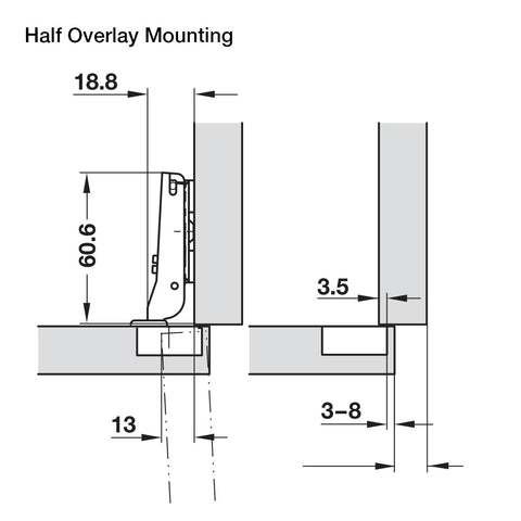 Hafele 94º Mini Series 400 Hinges Version: For narrow frames Material: Steel (cup)Zinc-alloy (hinge arm) Finish: Nickel-plated Min. Drilling depth: 11.5 mm Adjusting facility: Lateral adjustment from -1.5 to +5.5 mmHeight adjustment from -2 to +2 mm Fixin