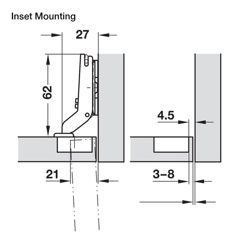 Hafele 94º Mini Series 400 Hinges Version: For narrow frames Material: Steel (cup)Zinc-alloy (hinge arm) Finish: Nickel-plated Min. Drilling depth: 11.5 mm Adjusting facility: Lateral adjustment from -1.5 to +5.5 mmHeight adjustment from -2 to +2 mm Fixin