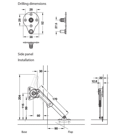 For Timber Flaps with Plastic Housing Opening angle: 80º-100ºAdjustable with screw Material: Steel, plastic housing Finish: Nickel-plated, black housing Version: With angular bracket Installation: For left and right hand use Fixing: To angular bracket usi
