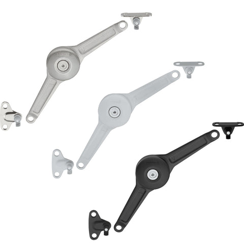 Häfele Duo Standard - Flap Fitting Features: Suitable for flaps with handle or push-to-open functionAdjusting the arms (overshear) turns the lid stay into a flap stayLess space required inside the cabinetWear-resistant friction coupling with large adjusti