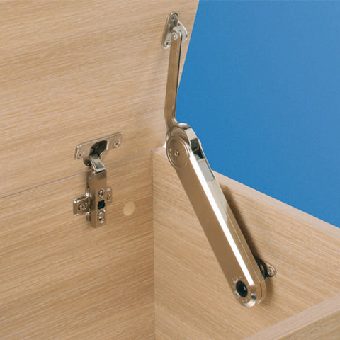 Häfele Maxi Up Opening angle: Approx. 75º Material: Stay: Zinc alloyMounting brackets, screw-on brackets: SteelSafety cap for adjusting screw: Plastic Finish: Nickel platedSafety cap: Grey Colour: Adjusting screw, model G: BrownAdjusting screw, model H: B