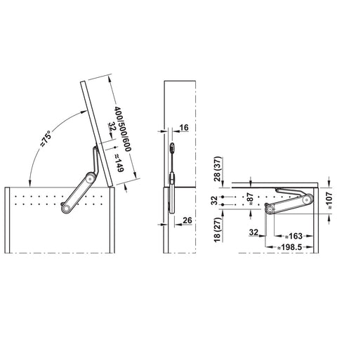 Häfele Maxi Up Opening angle: Approx. 75º Material: Stay: Zinc alloyMounting brackets, screw-on brackets: SteelSafety cap for adjusting screw: Plastic Finish: Nickel platedSafety cap: Grey Colour: Adjusting screw, model G: BrownAdjusting screw, model H: B