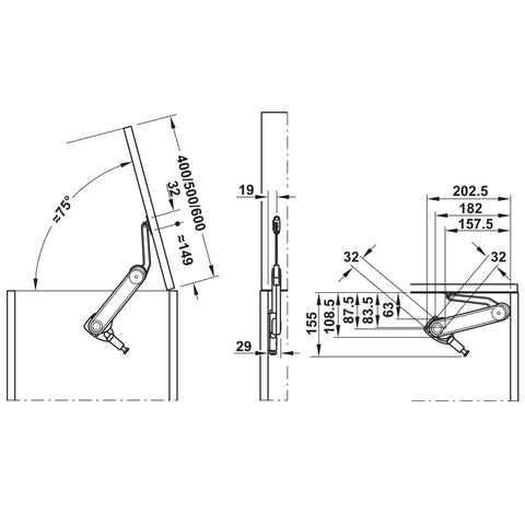 Häfele Maxi Up Opening angle: Approx. 75º Material: Stay: Zinc alloyMounting brackets, screw-on brackets: SteelSafety cap for adjusting screw: Plastic Finish: Nickel platedSafety cap: Grey Colour: Adjusting screw, model G: BrownAdjusting screw, model H: B