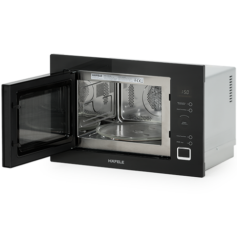 Hafele 25L Integrated Convention Microwave Touch Control Features: 25 Litre capacityFrameless black glassWhite LED display with touch controlsDefrost by weight and timeStainless steel cavity10 Pre-set food typesChild lockTimer900W Microwave power1100W Gri